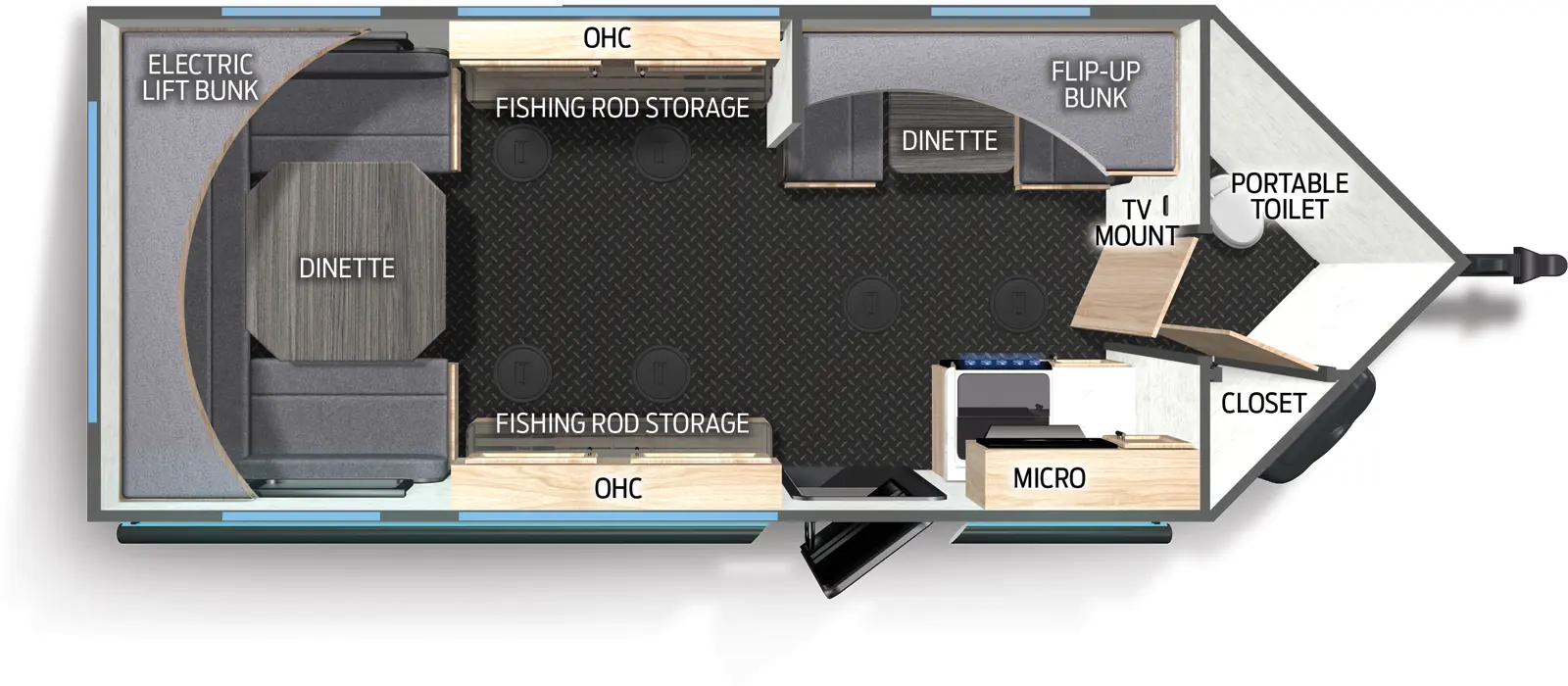 The Grey Wolf 16BF floorplan has one entry and zero slide outs. Exterior features include: metal exterior and 16' (Optional) awning. Interiors features include: u-dinette.